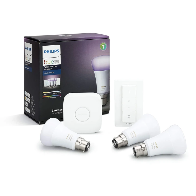 Philips Hue White & Colour Ambiance Starter Kit: Smart Bulb 3x Pack LED [B22 Bayonet Cap] incl. Dimmer Switch and Bridge. Works with Alexa, Google Assistant and Apple HomeKit.