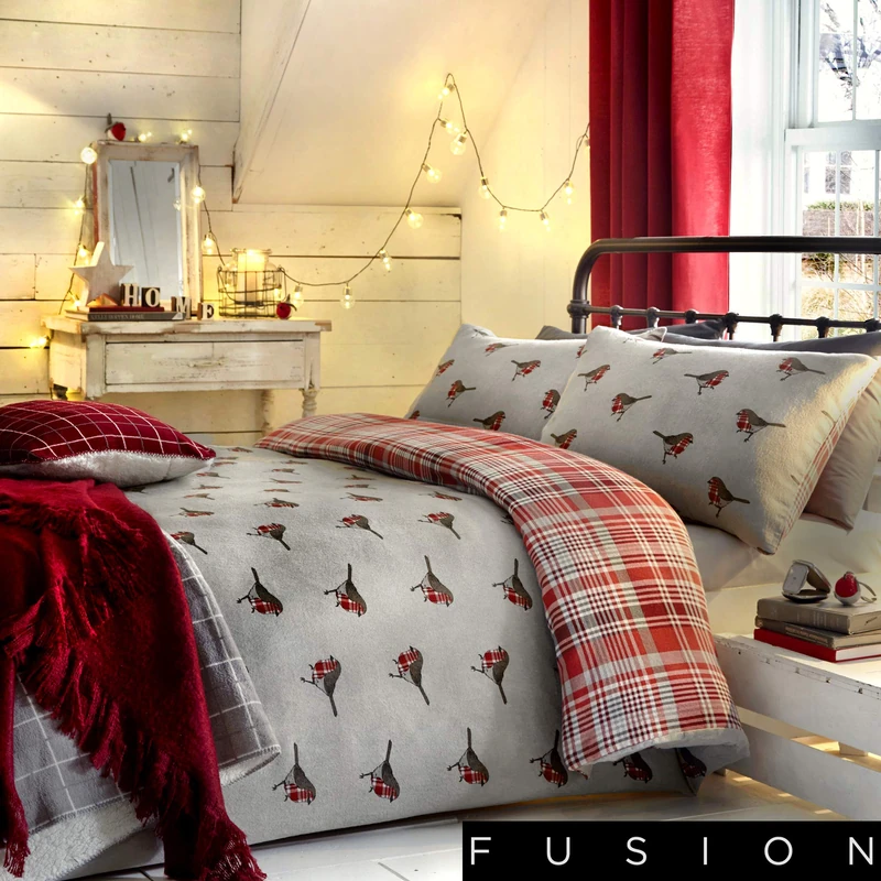 Fusion Robin Brushed Cotton Duvet Cover Set, 1 pieces, King Bed Size in Red & Grey - Image 1