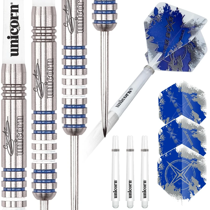 Unicorn Steel Tip Professional Darts Set | Gary 'The Flying Scotsman' Anderson Silver Star | 80% Natural Tungsten Barrels with Blue Accents | 21 g