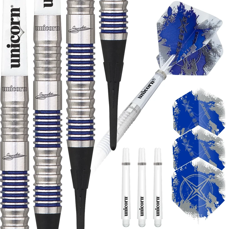 Unicorn Soft Tip Professional Darts Set | Gary 'The Flying Scotsman' Anderson Silver Star | 80% Natural Tungsten Barrels with Blue Accents | 20 g