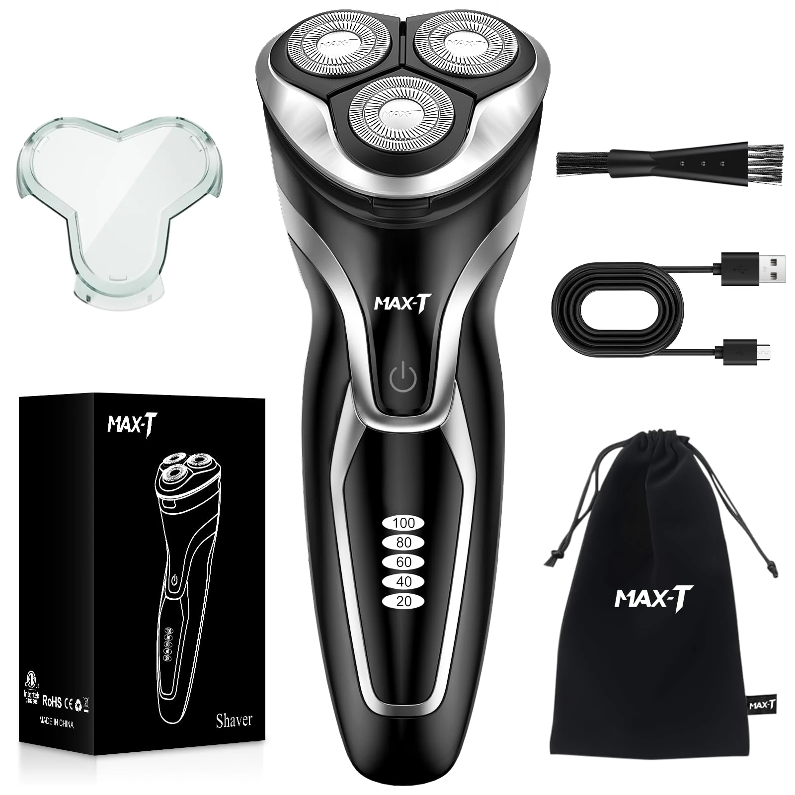 MAX-T Electric Shaver for Men, Wet and Dry Men's Electric Razor, 1H Fast Charging & 120Mins Runtime, IPX7 Waterproof, Rotary Shavers with Pop-up Trimmer, LED Display