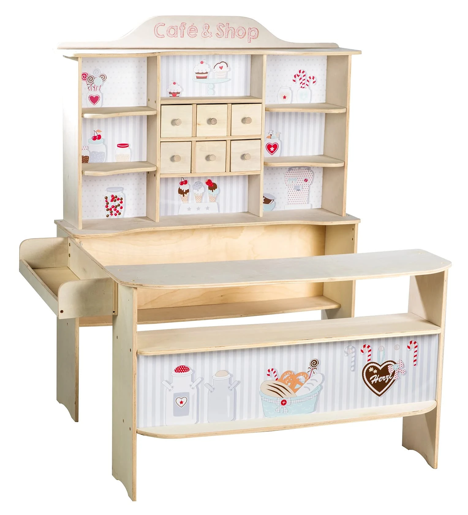 roba Wooden Play Shop 'Café & Shop' - Sales Stand With 6 Drawers + Side Counter + Accessories (Natural With Print)