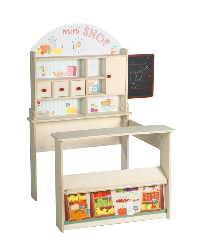 roba Wooden Play Shop 'Minishop' With Counter + Board (Natural With Print)