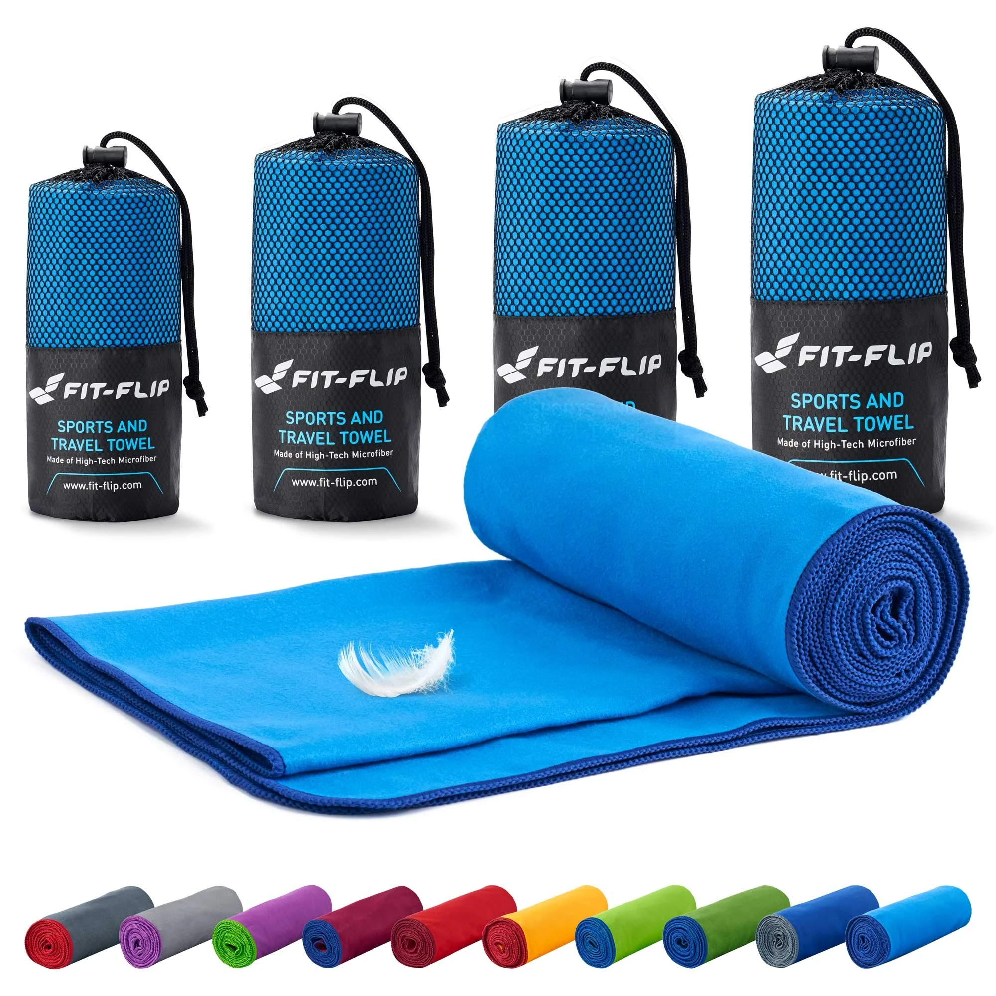 Fit-Flip Camping Towel - Ultra Lightweight & Compact Microfibre - Quick Dry Sports Towel for Gym, Beach, Travel & Swim (70x140cm blue - dark blue edge)