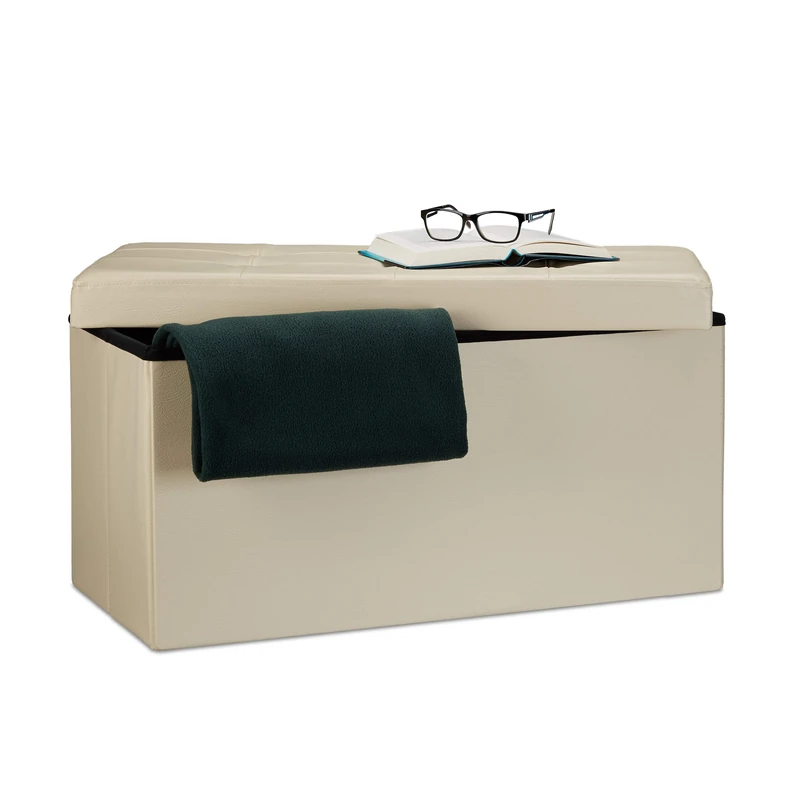 Relaxdays Folding Storage Bench, Faux Leather, 38 x 78 x 38 cm, Foldable Footstool Ottoman, 300kg, 2-Seater, Cream