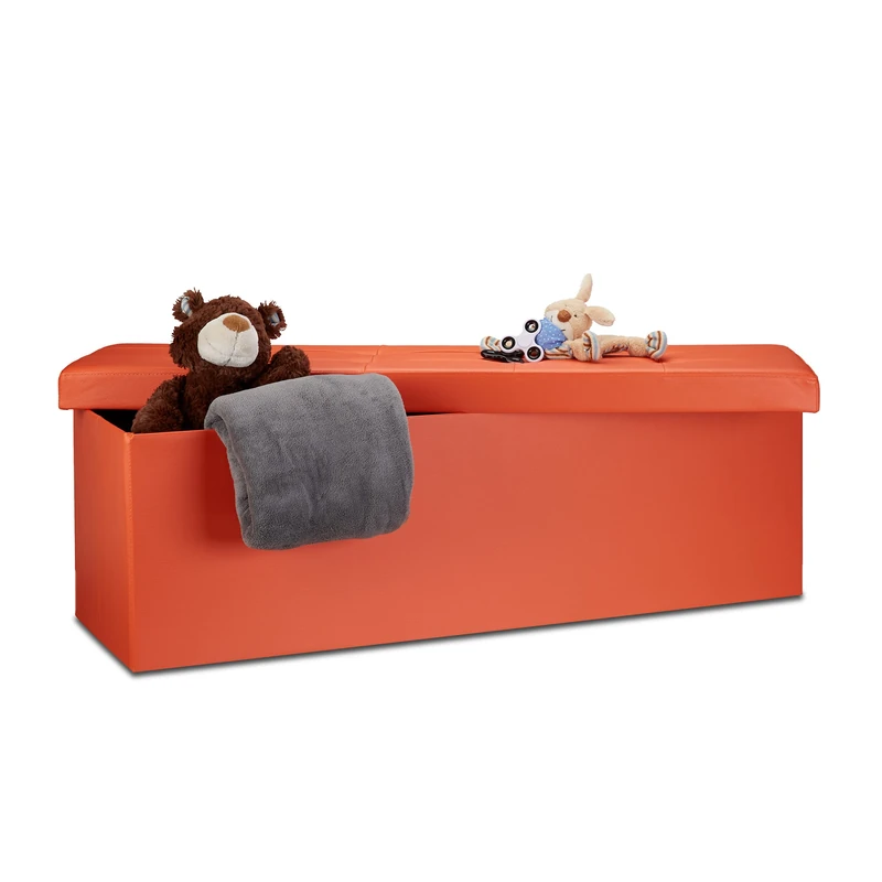 Relaxdays Folding Storage Ottoman XL, 38 x 114 x 38 cm Sturdy Seat with Bench, Faux Leather, with Removable Lid, Orange