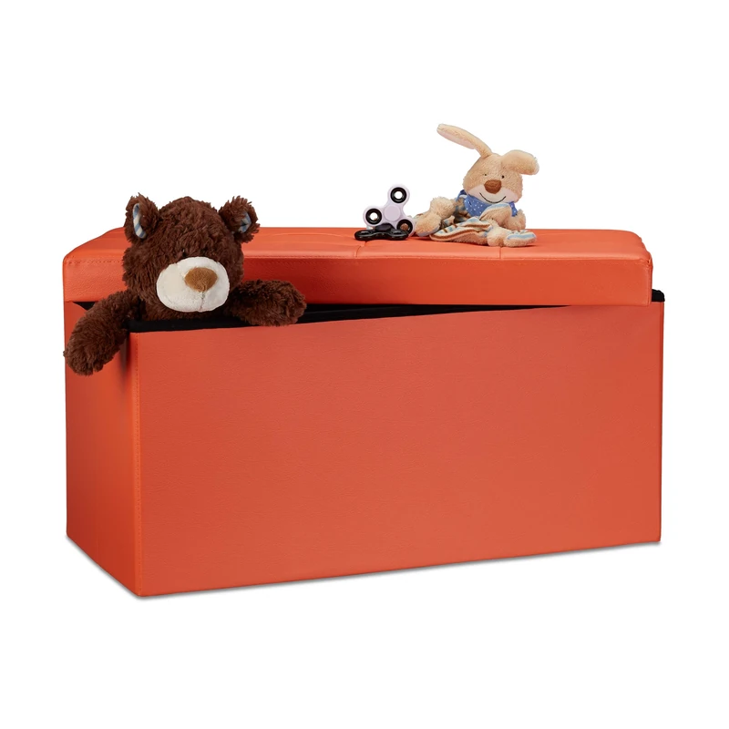 Relaxdays Folding Storage Bench, Faux Leather, 38 x 78 x 38 cm, Foldable Footstool Ottoman, 300kg, 2-Seater, Orange