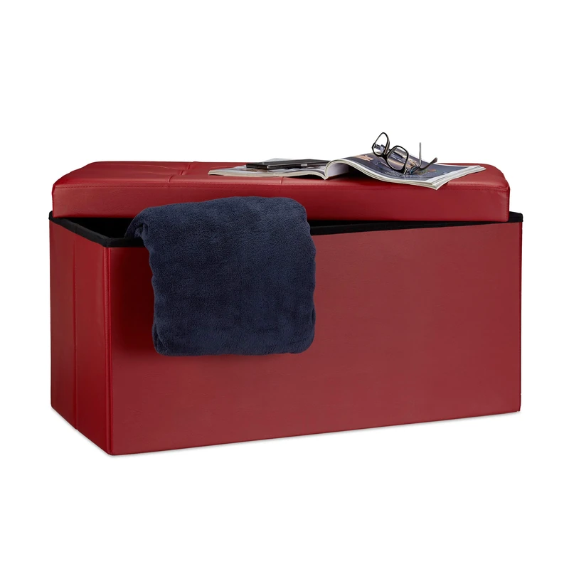 Relaxdays Folding Storage Bench, Faux Leather, 38 x 78 x 38 cm, Foldable Footstool Ottoman, 300kg, 2-Seater, Dark Red