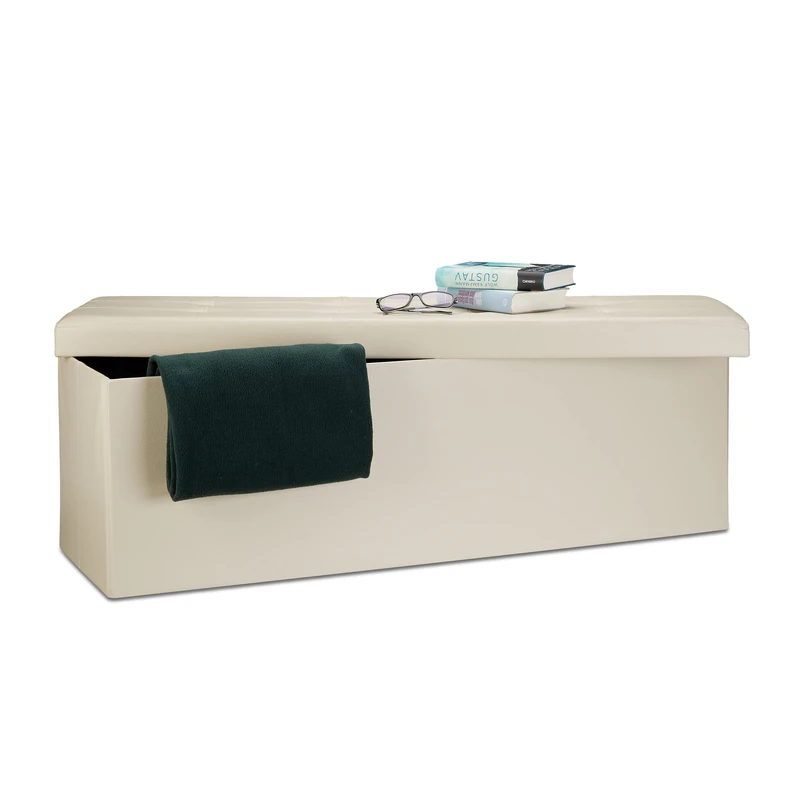 Relaxdays Folding Storage Ottoman XL, 38 x 114 x 38 cm Sturdy Seat with Bench, Faux Leather, with Removable Lid, Cream