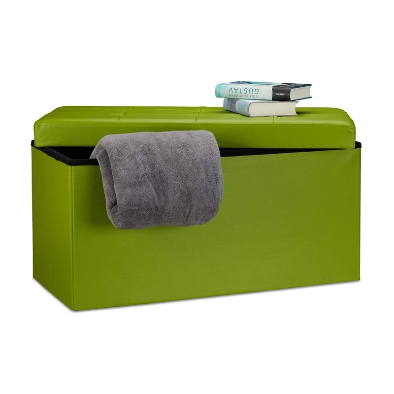 Relaxdays Folding Storage Bench, Faux Leather, 38 x 78 x 38 cm, Foldable Footstool Ottoman, 300kg, 2-Seater, Green