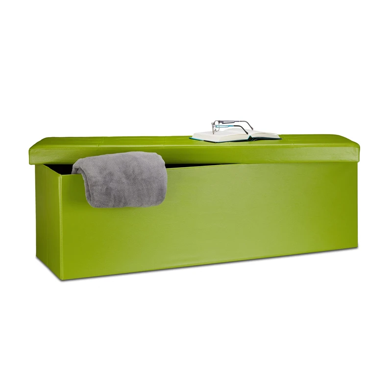 Relaxdays Folding Storage Ottoman XL, 38 x 114 x 38 cm Sturdy Seat with Bench, Faux Leather, with Removable Lid, Green