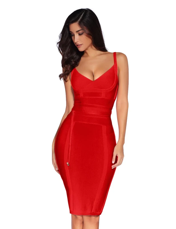 meilun Womens Rayon Belt Detail Bandage Bodycon Party Dress, Red, S