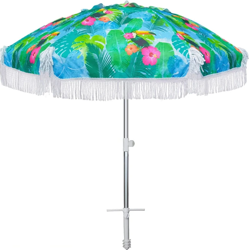 AMMSUN 2018 6.5ft Alu. Pole Beach Umbrella Double Face Printing fabric with Banana Leaf Tropical Inside with Air-vent with Flaps with Zinc Tilt Blue Green