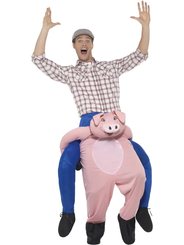 Smiffys Piggyback Pig Costume, Pink One Piece Suit with Mock Legs, Funny Fancy Dress, Animal Dress Up Costumes