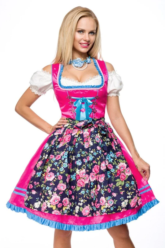 Dirndline Women's Dirndl with Flower Apron Special Occasion Dress, Pink/Patterned, XS