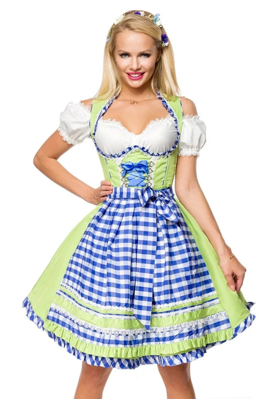 Dirndline Women's Underbust Dirndl with Checked Apron Special Occasion Dress, Green/Blue/White, XXL