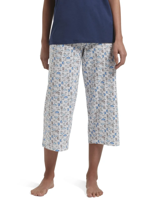 HUE Women's Printed Knit Capri Pajama Sleep Pant Pyjama Bottoms, White/ICY Margarita, S