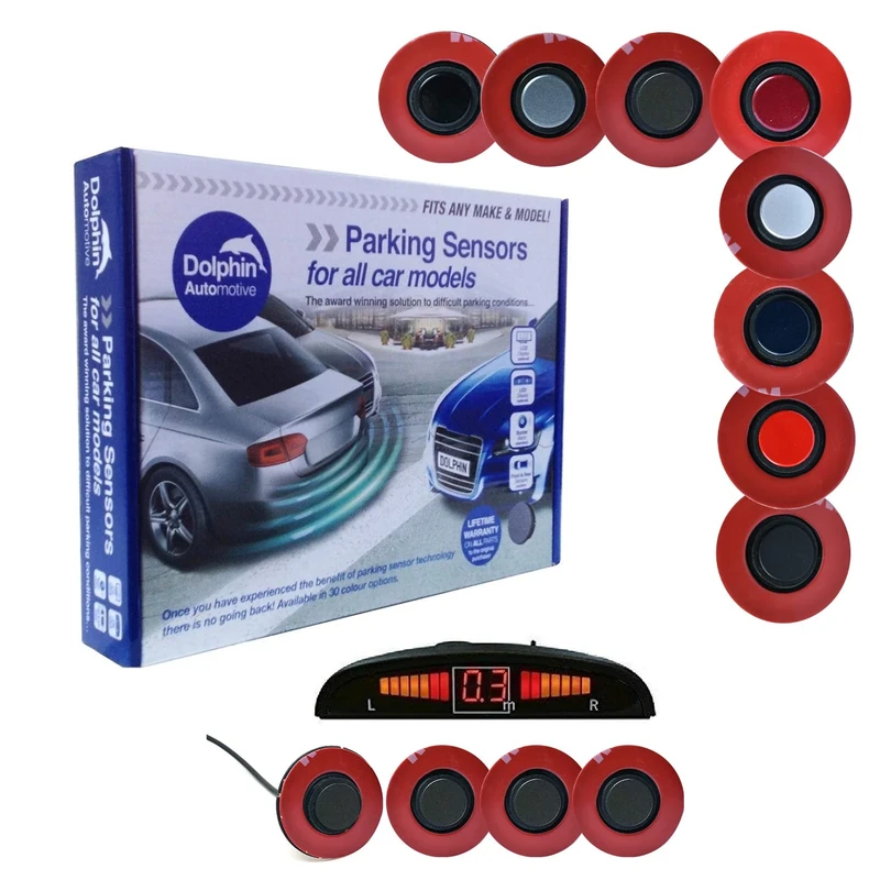 Dolphin Automotive DFM450 Reverse Parking Sensors Flush Mount OEM Style. 4 Ultrasonic Radar Sensor Kit Audio & Display Option - Gloss Black (LED Display With Audio Alerts)