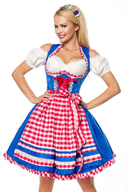 Dirndline Women's Underbust Dirndl with Checked Apron Special Occasion Dress, Blue/red/White, XS