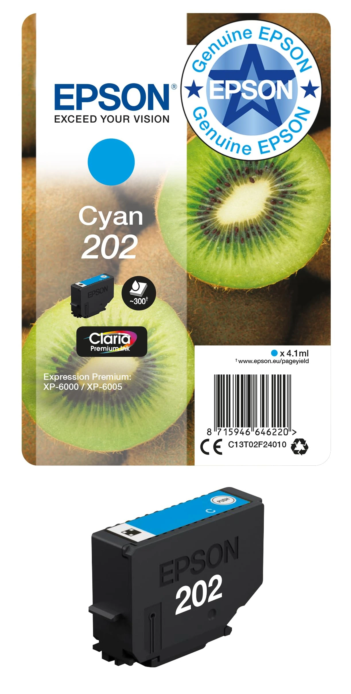 Epson 202 Cyan Kiwi Genuine, Claria Premium Ink Cartridge, Standard Capacity