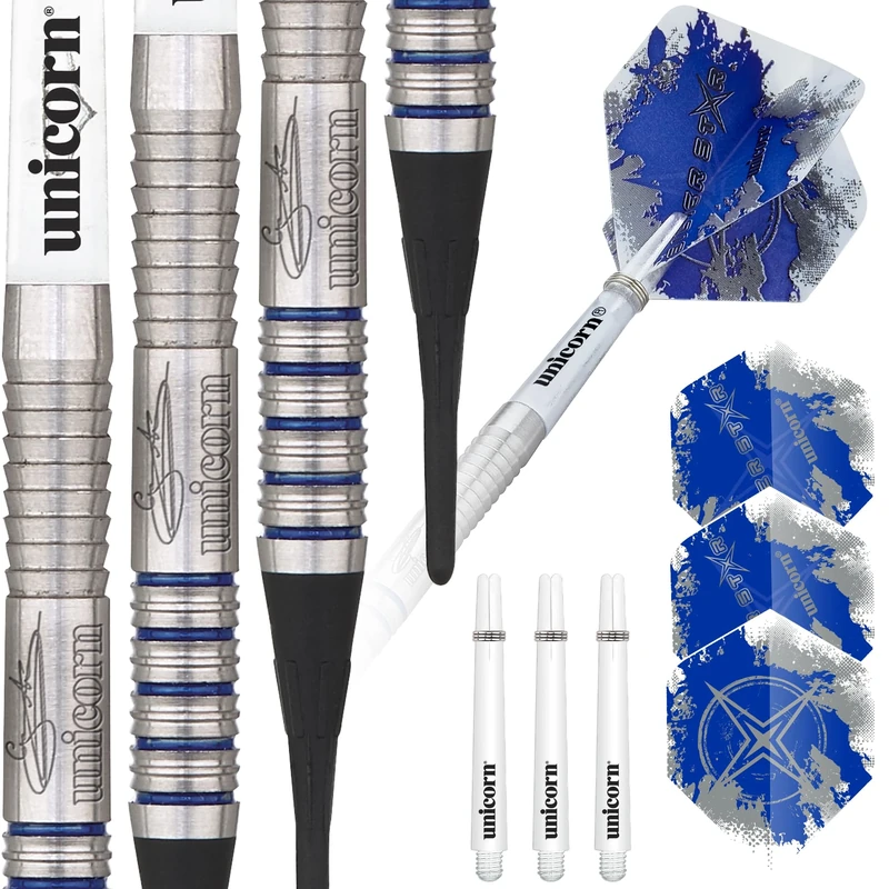 Unicorn Soft Tip Professional Darts Set | Gary 'The Flying Scotsman' Anderson Silver Star | 80% Natural Tungsten Barrels with Blue Accents | 19 g