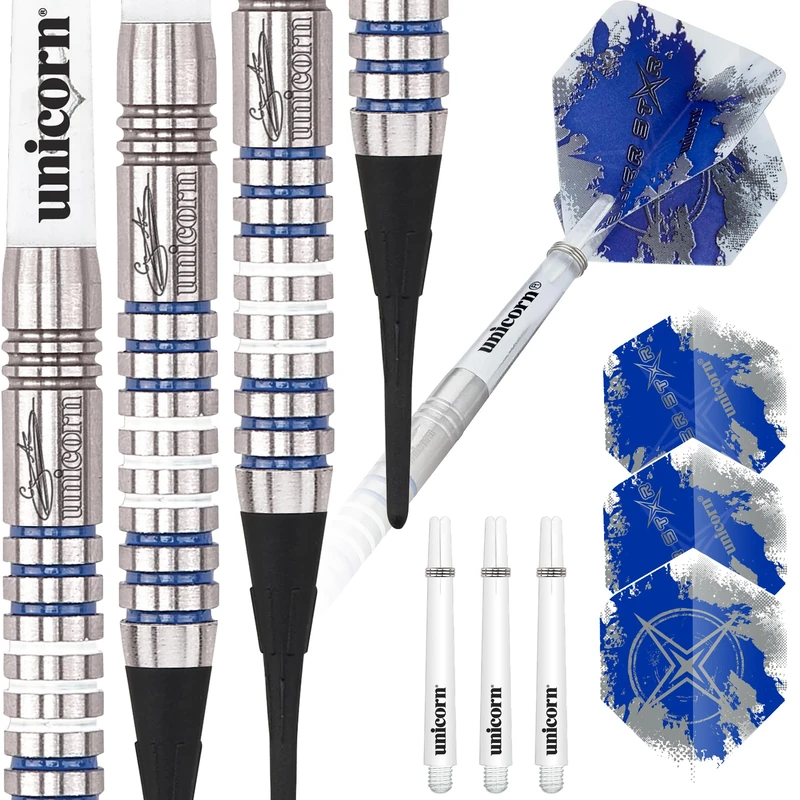 Unicorn Soft Tip Professional Darts Set | Gary 'The Flying Scotsman' Anderson Silver Star | 80% Natural Tungsten Barrels with Blue Accents | 17 g - Image 1