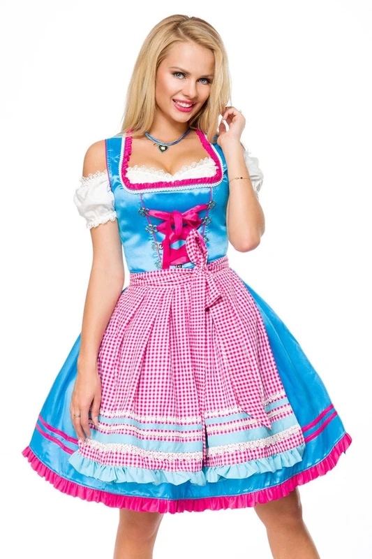 Dirndline Women's Dirndl with Checked Apron Special Occasion Dress, Blue/Pink, XS