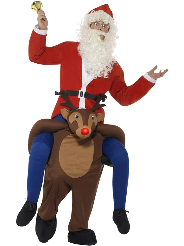 Smiffys Piggyback Reindeer Rudolf Costume, Brown One Piece Suit with Mock Legs & LED Flashing Nose, Christmas Adult Fancy Dress, Xmas Dress Up Costumes