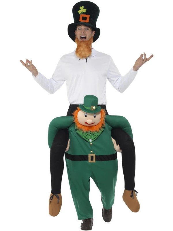 Smiffys Piggyback Paddy's Leprechaun Costume, Green One Piece Suit with Mock Legs, St Patricks' Day Fancy Dress, Adult Dress Up Costumes