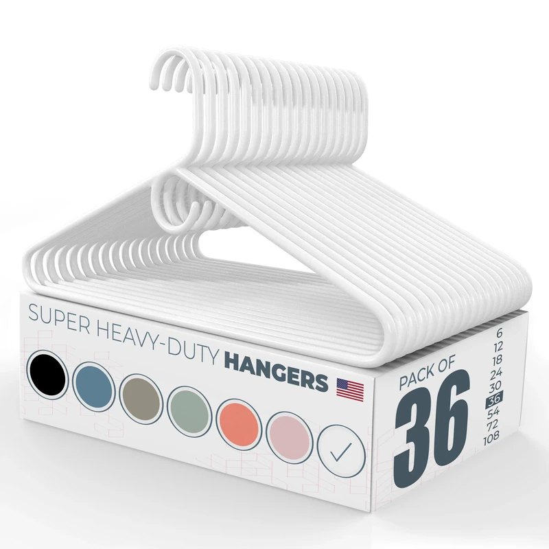 Super Heavy Duty White Plastic Hangers, USA Made Long Lasting Tubular Adult Hangers in Heavy and Super Heavy Duty, Set of 36