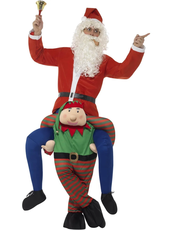Smiffys Piggyback Elf Costume, Green One Piece Suit with Mock Legs, Christmas Adult Fancy Dress, Elf Dress Up Costumes