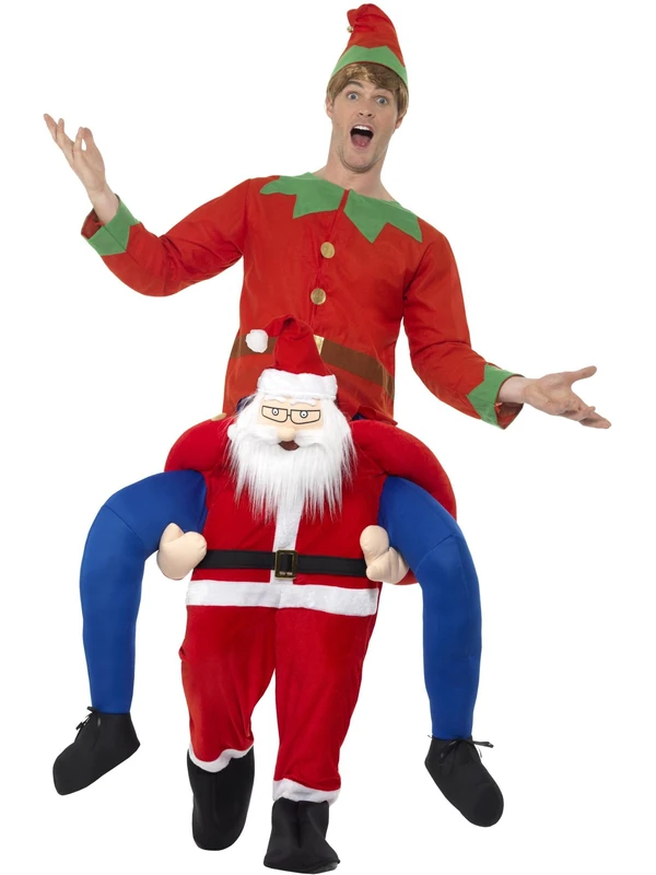 Smiffys Piggyback Santa Costume, Red One Piece Suit with Mock Legs, Christmas Adult Fancy Dress, Santa Dress Up Costumes