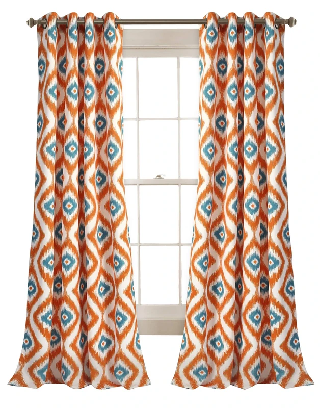 Lush Decor Diamond Ikat Curtains - Geometric Pattern Print Room Darkening Window Panel Set for Living, Dining, Bedroom (Pair), 84” x 52”, Turquoise Orange