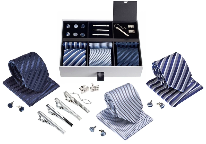 Premium Men’s Gift Tie Set Silky Necktie Pocket Squares Tie Clips Cufflinks For Men, Men's Style 1