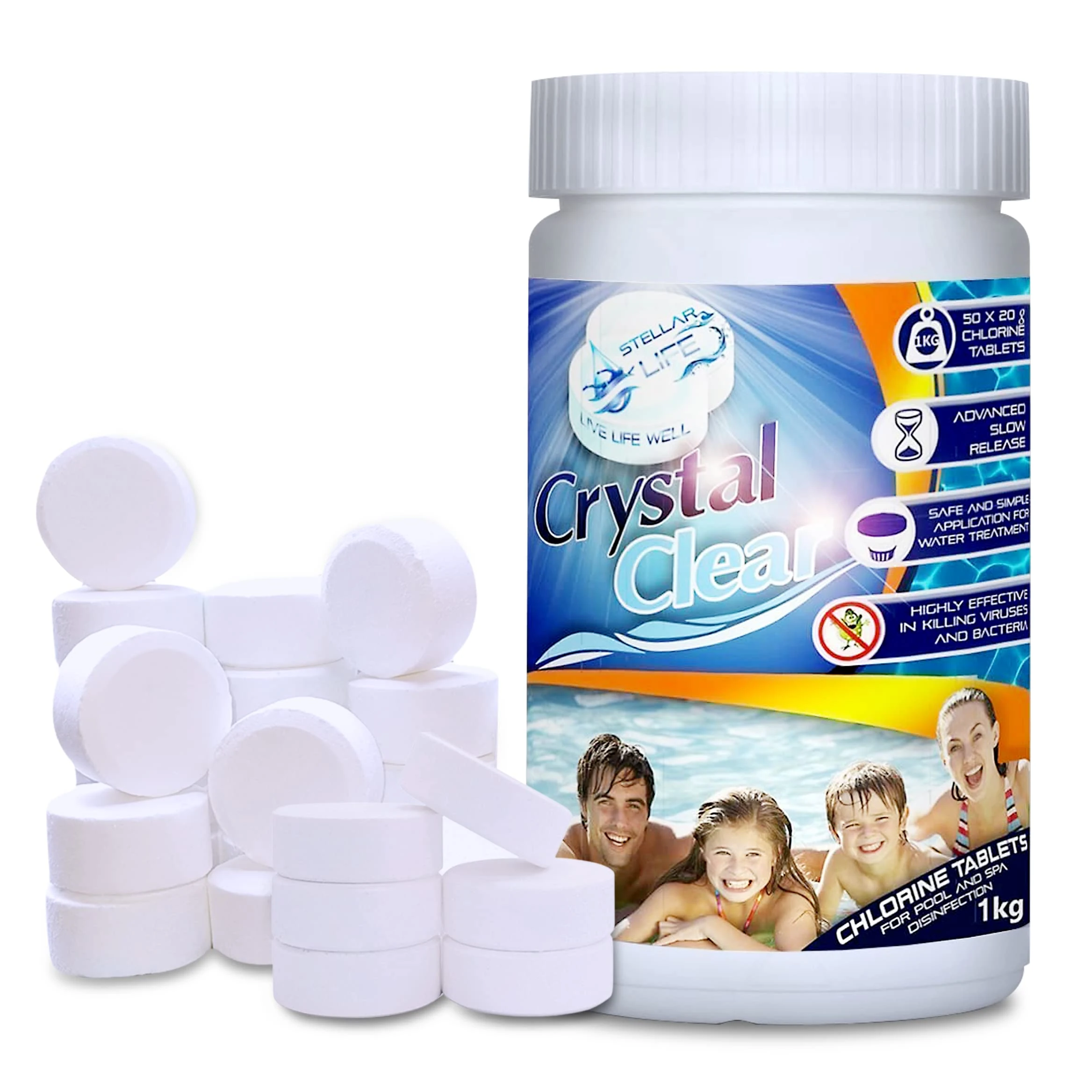 CRYSTAL CLEAR Ultimate Chlorine Tablets 50 x 20g for Hot Tubs, Spa, Swimming Pools. 1kg FREE EXPRESS DELIVERY UK Mainland Only