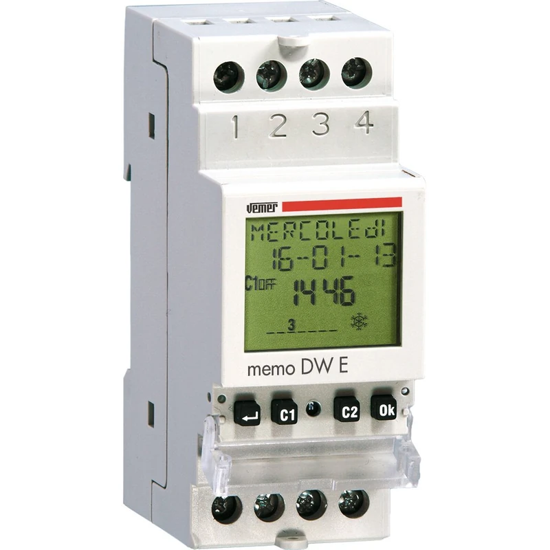VEMER VE463600 model MEMO DW E 24V Digital time switch with daily or weekly programming. DIN rail mounting, 24V. Color grey