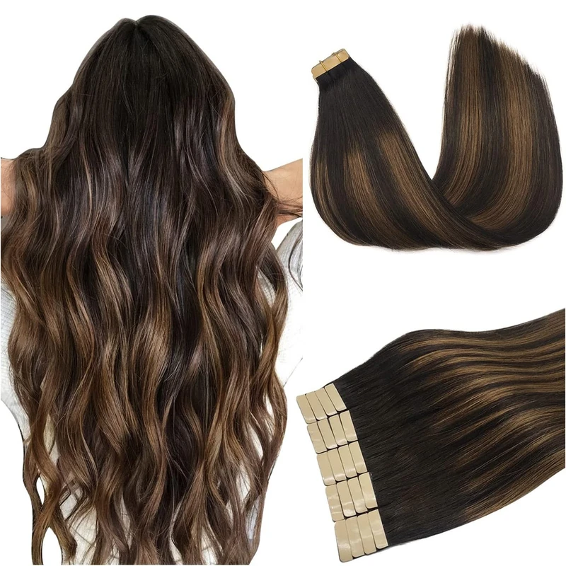 DOORES Tape in Hair Extensions Human Hair, Balayage Dark Brown to Chestnut Brown 50g 20pcs 18 Inch, Human Hair Extensions Natural Remy Straight Skin Weft