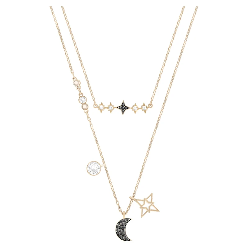 Swarovski Symbolic layered necklace, Set (2), Moon and star, Black, Rose-gold tone plated