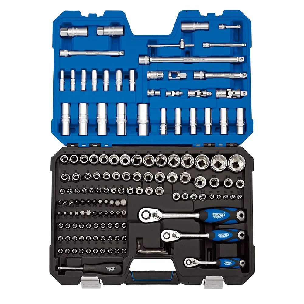 Draper 149 Piece Metric Socket And Socket Bit Set - 1/4", 3/8" And 1/2" Sq. Dr. - 16461 - Chrome Vanadium Steel - Blue - Satin Finish
