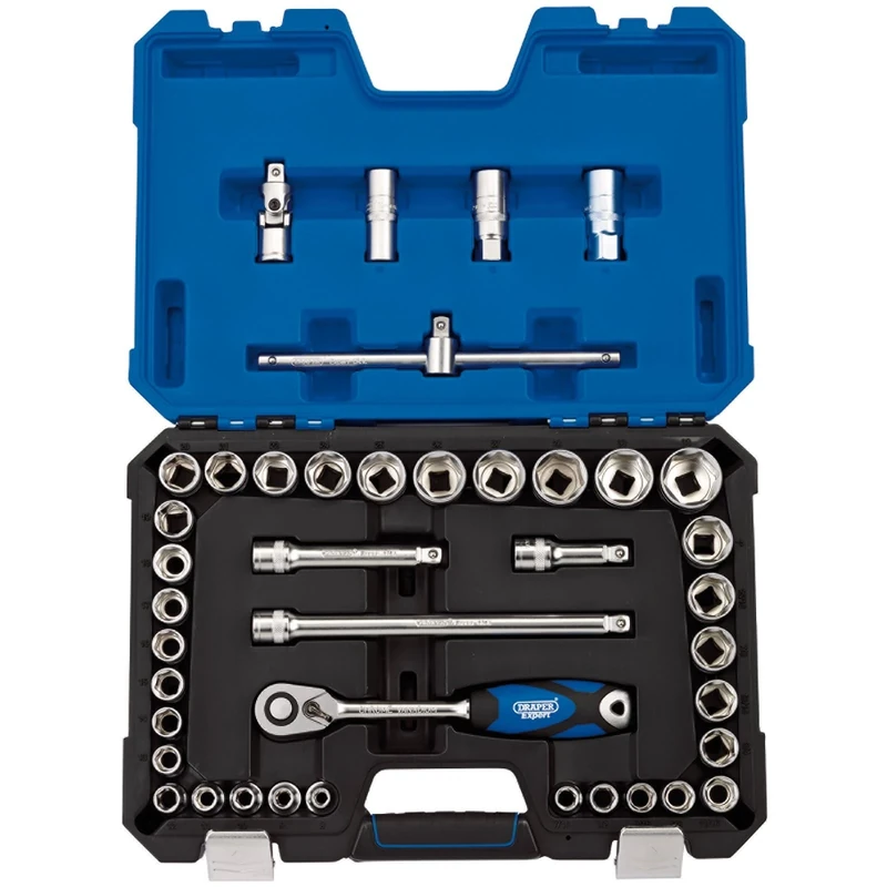 Draper 16453 1/2-Inch Square Drive Combined MM/AF Micro Satin Chrome 41 Piece Socket Set , Blue