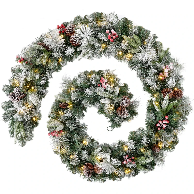 WeRChristmas Extra Thick Pre-Lit Multi-Function Garland with 80 Warm LED Lights, Snow Flocked, 9 feet