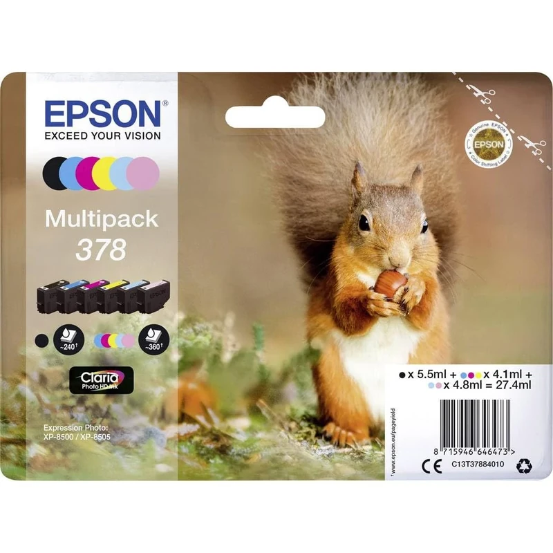 Epson 378 Squirrel Genuine Multipack, 6-colours Ink Cartridges, Claria Photo HD Ink