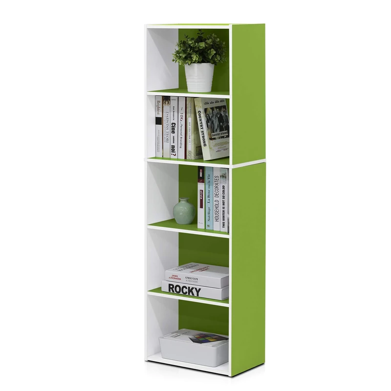 Furinno LUDER Book Shelf, 5-Cube Bookshelf, Bookcase with Open Shelf, 9.4 x 15.8 x 52, for Living Room, Bedroom, Home Office, White/Green