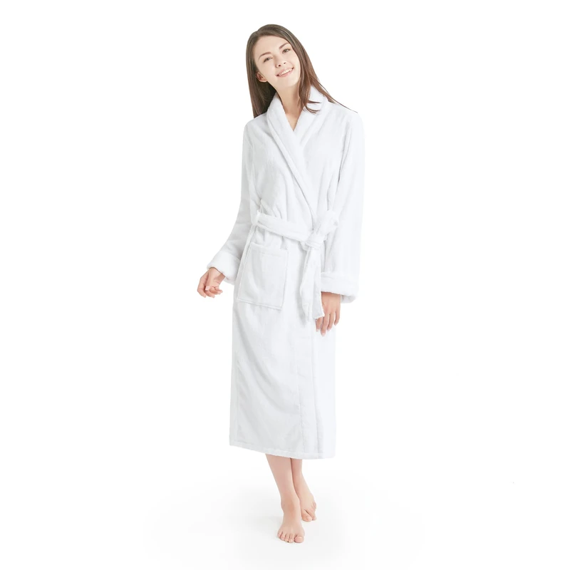 INK+IVY Women's Terrycloth Cotton Robe Soft Pajamas Sleepware-Ladies Kimono Bathrobe Loungeware with Pocket and Belt, Shawl Collar & Cuff Trim, White, L-x-L - Image 1