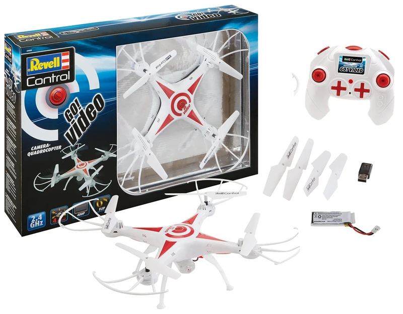 Revell Control 23858 Remote Control Quacopter "Go! Video" With Precise 2.4 GHz Control, Speed levels, Flip Mode, Headless Mode, 6 Axis Gyro, 480P Camera, Easy To Fly, 32cm in length