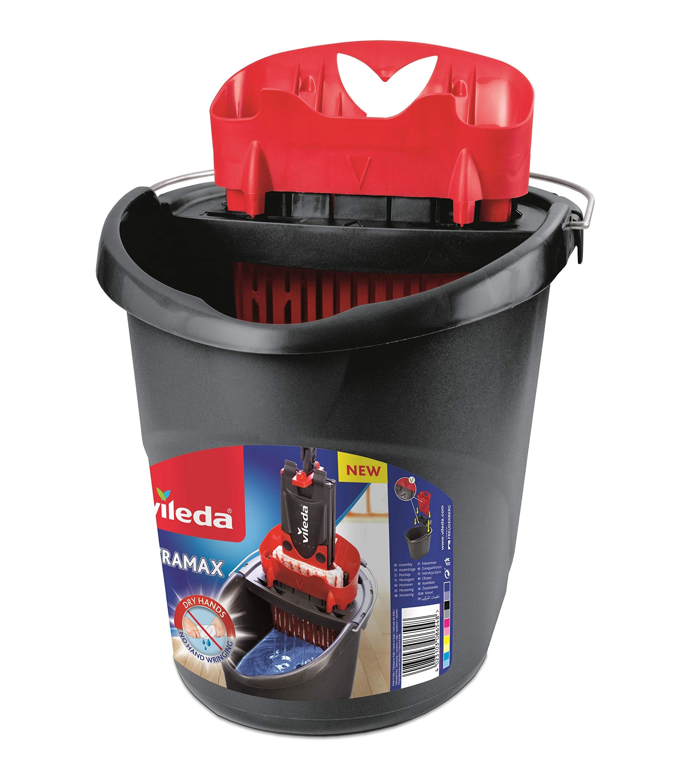 Vileda 4023103201415 Ultramax Power Plastic Bucket and Press 157648, Black and Red, 37 x 28.6 x 36 cm