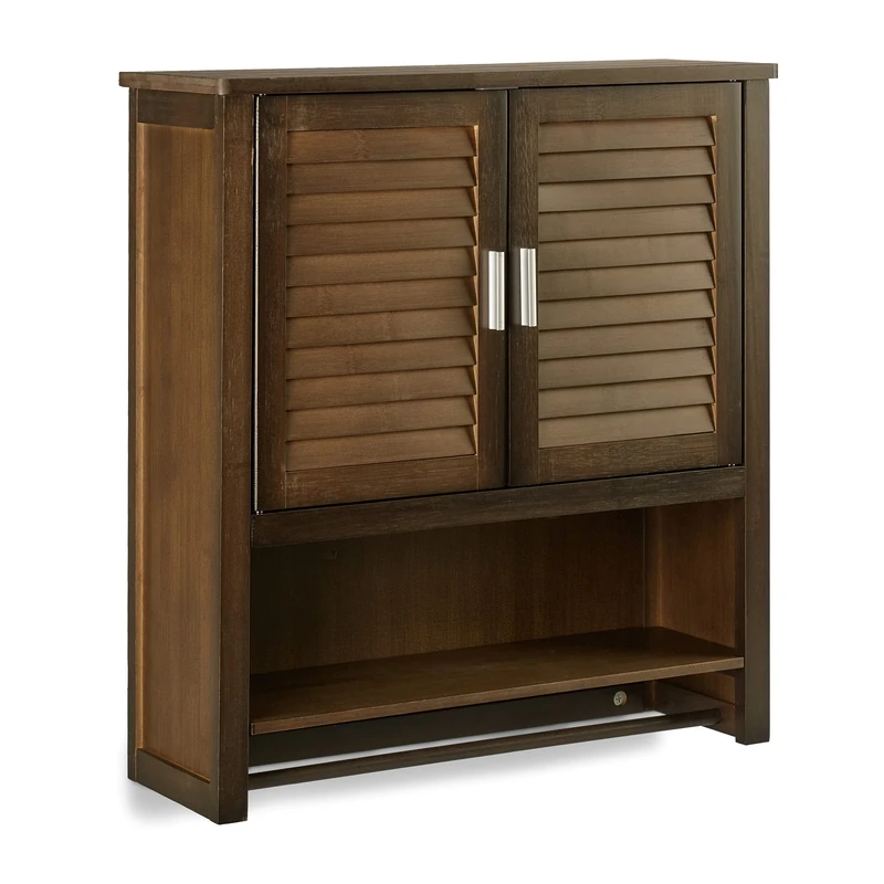Relaxdays LAMELL Dark Brown Wall Cabinet, Bamboo Bathroom Cupboard with Towel Holder, 3 Shelves, 66 x 62 x 20 cm
