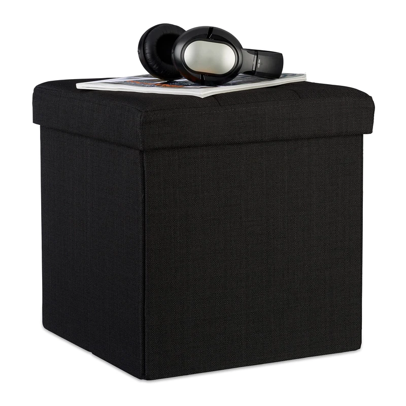 Relaxdays Folding Ottoman 38 x 38 x 38 cm Storage Chair, Footstool Pouf Box Cube, Removable Lid, Black