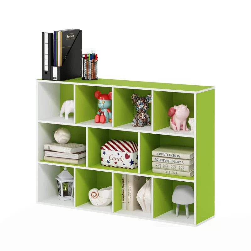 Furinno LUDER Book Shelf, 11-Cube Bookshelf, Reversible Bookcase, 9.4 x 29.1 x 41.7, for Living Room, Bedroom, Home Office, White/Green