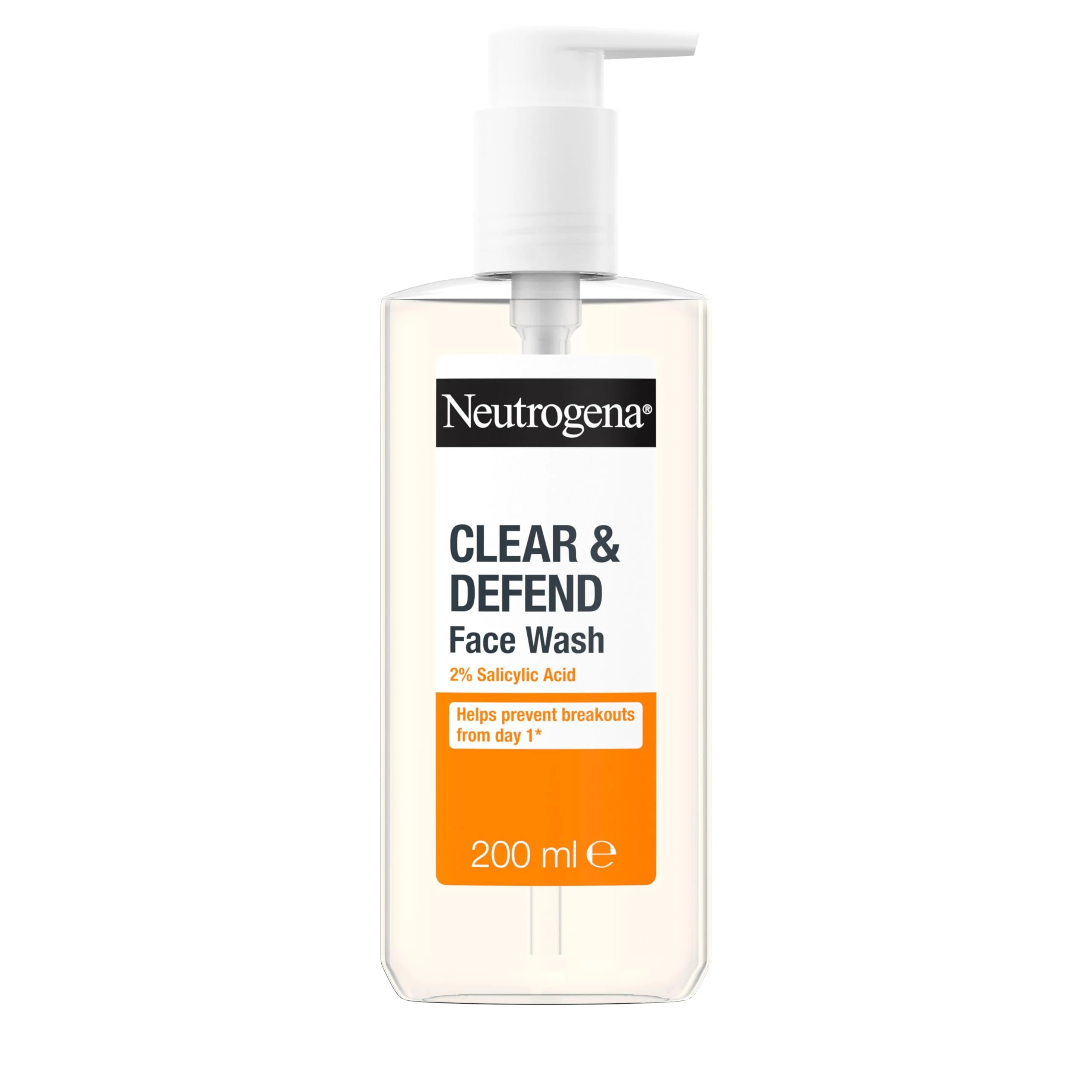 Neutrogena Clear & Defend Face Wash (1x 200ml), Oil-Free Facial Cleanser for Spot-Prone Skin, Facial Wash with Purifying 2% Salicylic Acid to Help Prevent Breakouts for Smoother, Clearer Skin